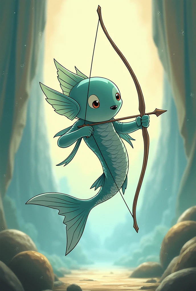  Hi, give me an image of the fish bow referring to a fish with a bow and arrow, as if it were the fusion of Sagittarius with Pisces, but it should be in the Studio Ghibli style,