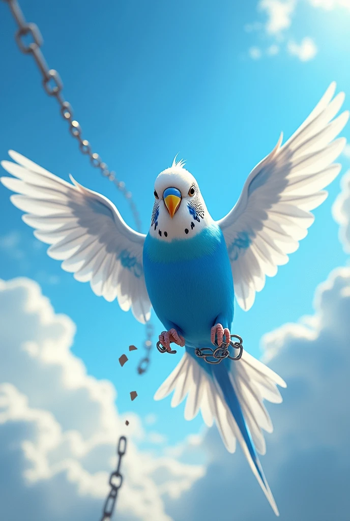 A blue and white budgie flying to freedom after breaking free from its chains