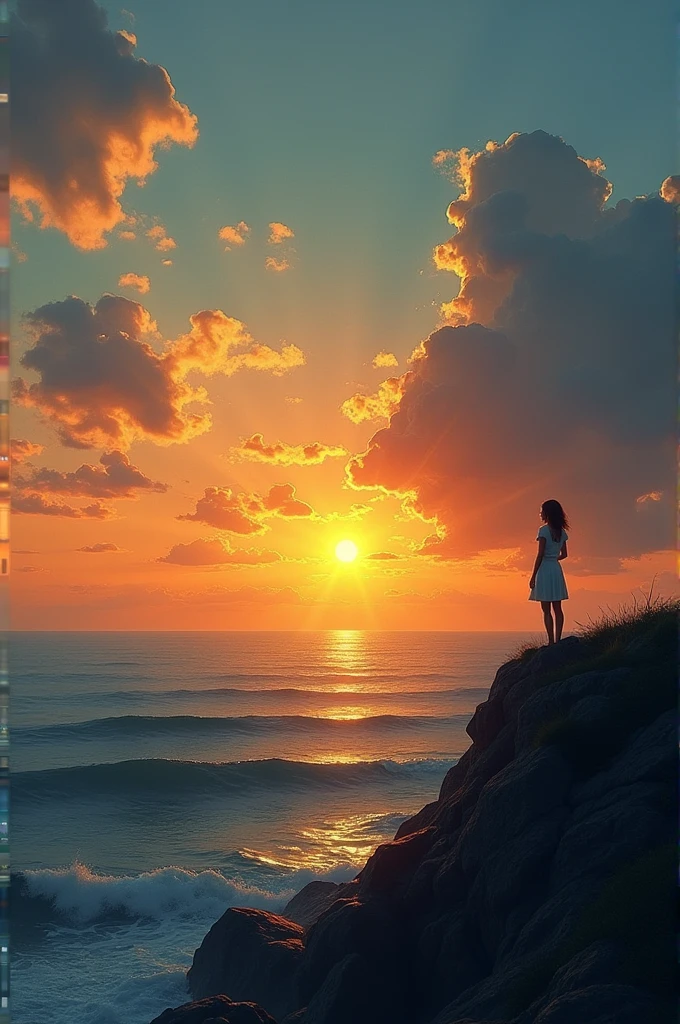 Don't stop looking at the horizon, Well, it's the last glow of the sun., When the day gives way to the night's kiss, and the shadows dance to the rhythm of the sunset, oh, between gold and blue, My soul whispers its truth to you. In the gentle caresses of the impetuous wind, that carries with it secrets of yesteryear, you will hear my silent cry, an echo of mixed feelings, that in every breeze renews its oath, of eternal and immeasurable love. With the sea, so stiff and imposing, as the only witness to this confession, Your waves will be accomplices of my sighs, its depths, reflection of my longing, and in its immensity, you will find my return. Create an image with that poem