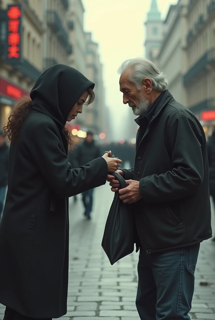 Poli sneaks up to an elderly man walking with a bag. She slyly slips a small piece of paper into his bag, her face showing anticipation for what will happen next.