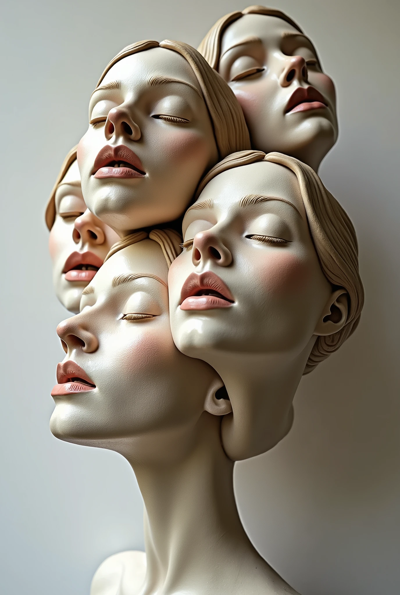 Expressionist artwork images of multiple floating ceramic heads of french women, 3d collage style, make it weird and gallery worthy