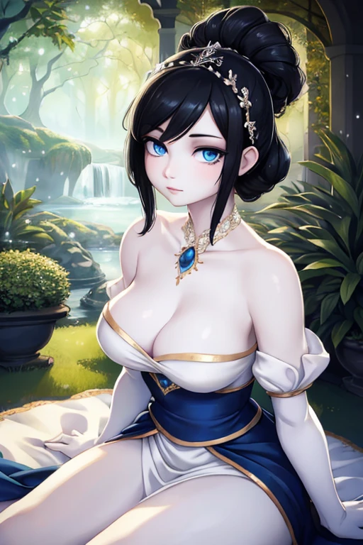 a beautiful young woman with jet black hair in an elegant updo, striking blue eyes, porcelain white skin, sitting in a lush garden, watching birds, serene expression, Disney-inspired snow white princess, detailed portrait, highly realistic, photorealistic, 8k, best quality, intricate details, glowing skin, soft lighting, warm colors, magical atmosphere, fantasy, dreamlike, elegant, graceful