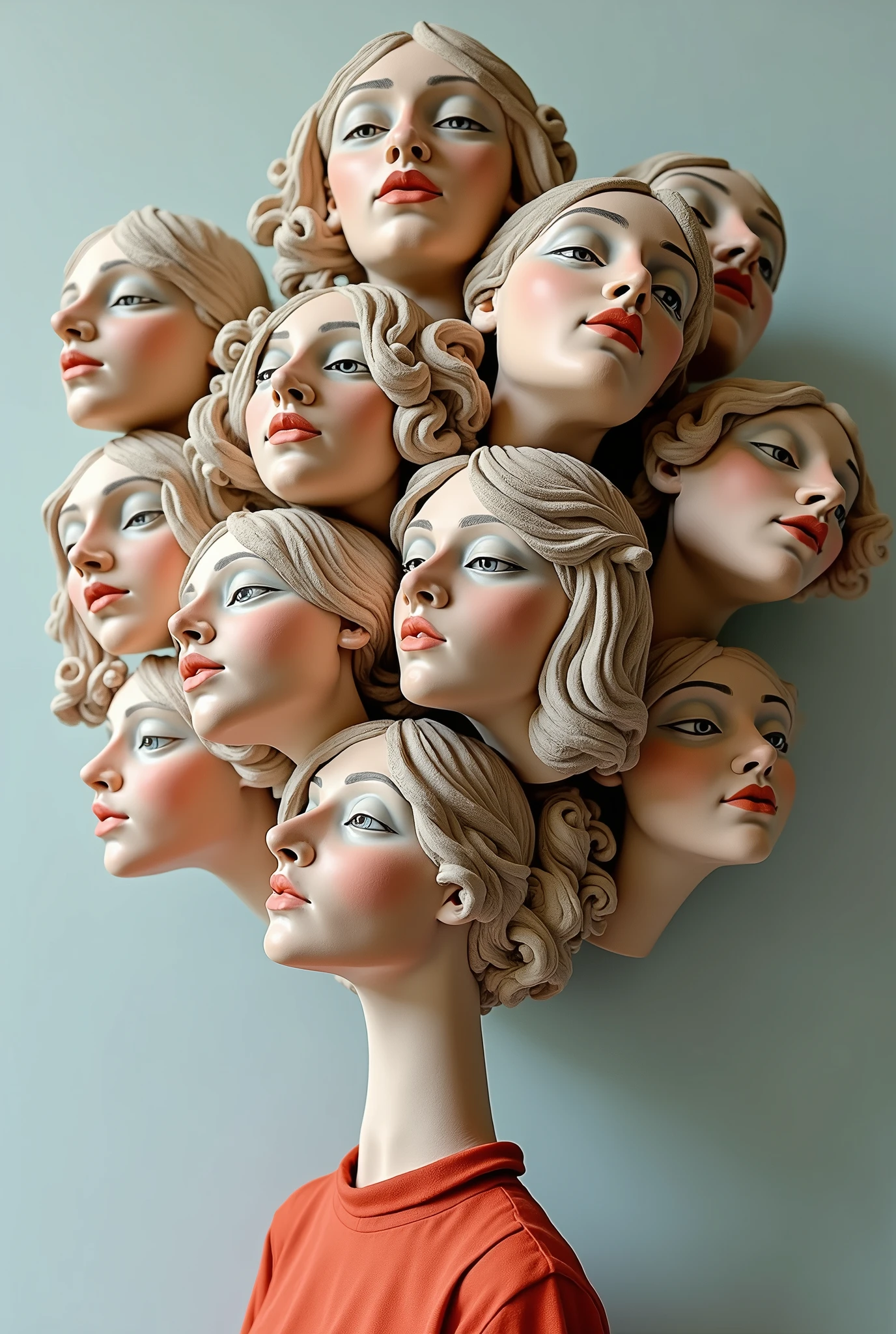 Expressionist artwork images of multiple floating ceramic heads of italian women, 3d collage style, make it weird and gallery worthy