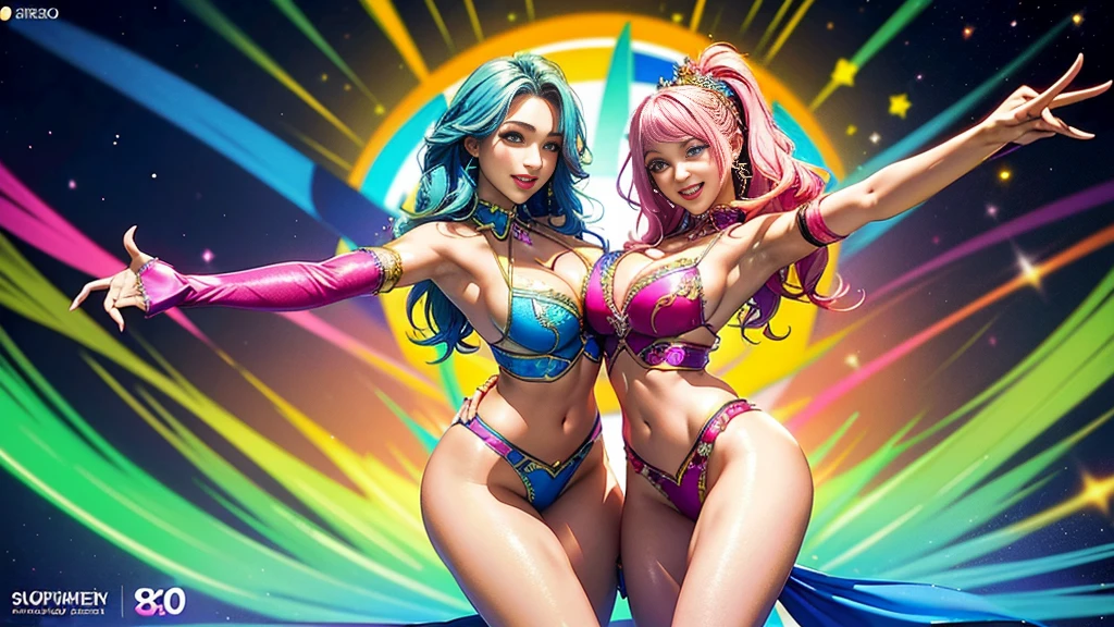 Masterpiece, super high quality anime style illustration, 8K, Samba Carnival in Rio de Janeiro. Very beautiful dancers 20 years old, two beautiful girls, dancing with smiles, blue eyes, pink lips, flashy and colorful costumes, revealing costumes, cleavage, belly button visible, attractive hips, cute buttocks, voluptuous thighs, beautiful legs.