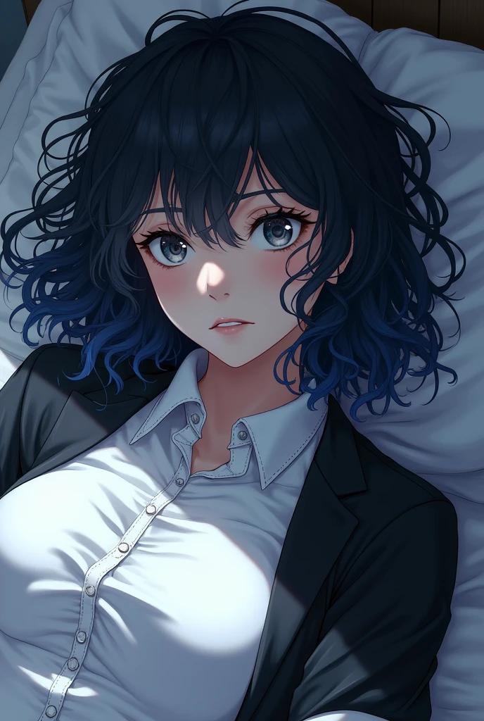 adult girl, lying in bed, black hair with some blue curls, the pupils of the eyes that are gray, wearing a white button-down shirt with a black jacket and a serious expression, turning to look to the side, disoriented and with a serious and not pretty mangaka style