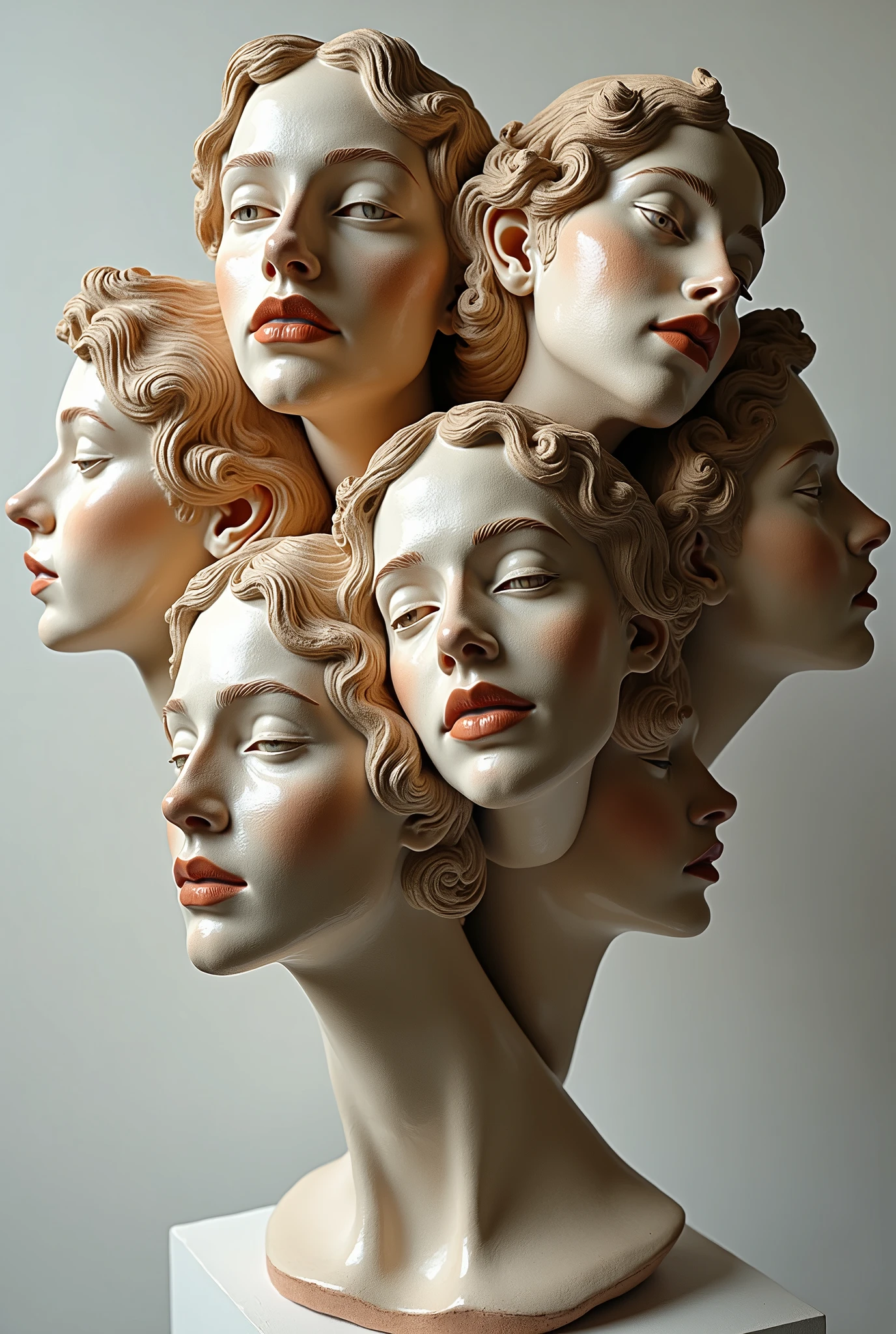 Expressionist artwork images of multiple floating ceramic heads of italian women, 3d collage style, make it weird and gallery worthy