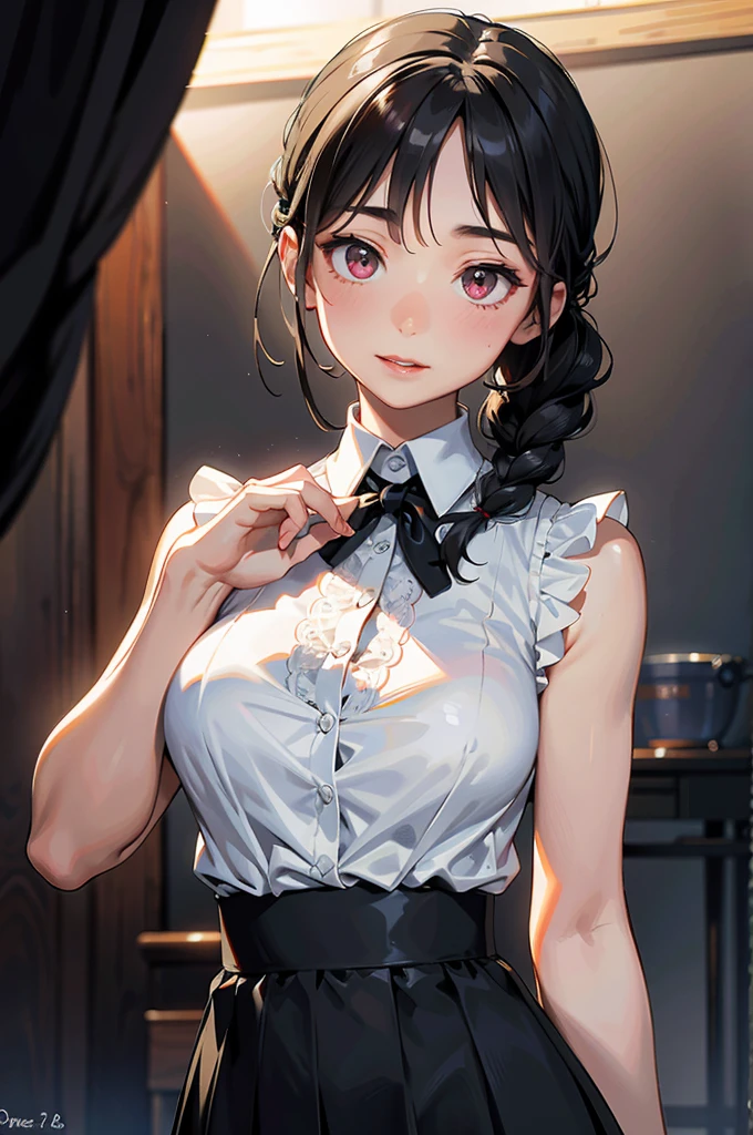 masterpiece:1.2、8k、Real、Photorealistic:1.37、Super detailed、Facial portrait、Face photo、Big Breasts、1 female、Staring at the audience:1.5、Big Breasts、(Black Hair、Hair tied up)、(White lace sleeveless shirt、White collared button-front sleeveless shirt、White tight shirt、Garnet Necklace、Large Breasts、Ample breasts)、Women&#39;s University、classroom、明るい陽射しのclassroom