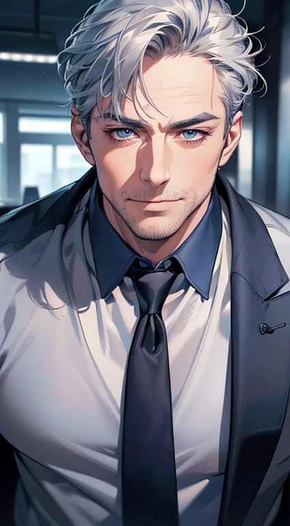 (best quality,4k,8k,highres,masterpiece:1.2),ultra-detailed,(realistic,photorealistic,photo-realistic:1.37),1 man,3,mature man,very handsome,without expression,smile,short grey blue hair,blue eyes,penetrating gaze,perfect face without errors,imposing posture,businessman,office background,cinematic lighting,hdr image