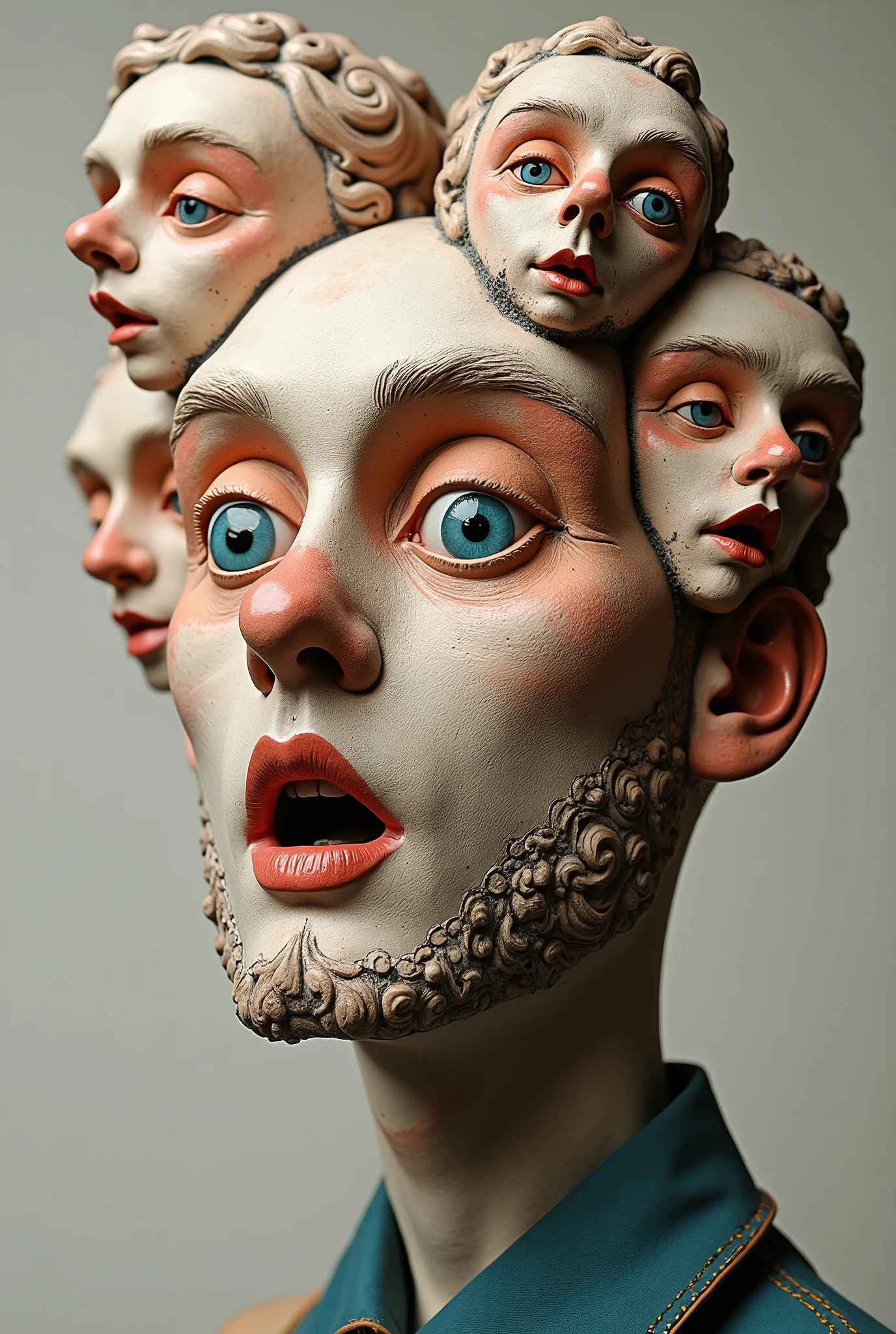 Expressionist artwork images of multiple floating ceramic heads of french men, 3d collage style, make it weird and gallery worthy