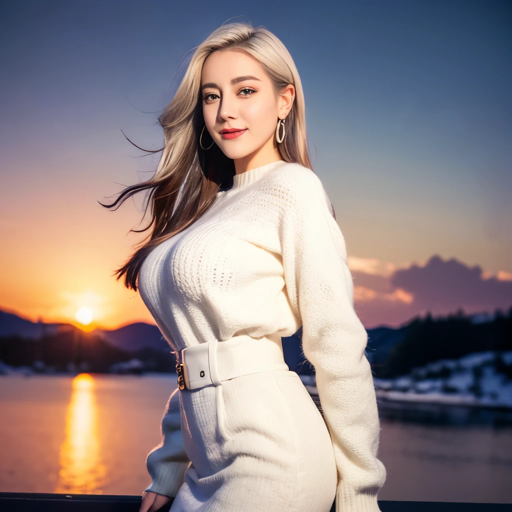 ((Top quality、8K、masterpiece:1.3))、Extremely beautiful,full-body shot,Huge breasts,Breast enlargement,Amazing breast size,G cup,Half breast exposed。Wear big earrings,Very white skin,Hydrating red lips,Very thin waist,Very thin thighs,Big Ass,Fair and smooth skin,Smooth and fair skin,Flawless skin,Fair and shiny skin,Cool white skin,Camera focuses on breasts,Bright Light,White sweater,Lower body exposed,White hair,White hair,Blizzard,Snow Mountain,Sunset,lake,sweet smile,Mouth slightly open