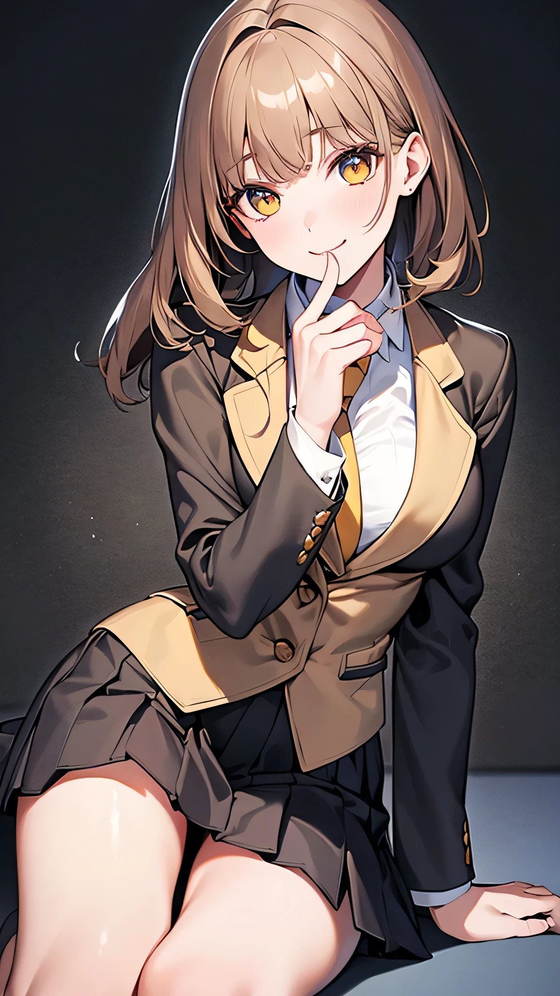4K resolution,((Highest quality)),Ultra-high resolution,young woman, alone, sexy, (A fleeting smile), (Pale yellow eyes), Beautiful and symmetrical face, (Brown set medium hair),Blazer uniform,Dress shirt,Pleated mini skirt,Knee-high socks,Realistic:1.4,Realistic:1.4,(masterpiece:1.2),Perfect Eyes,Perfect Eyes,Perfect Legs,Open your legs a little,classroom,(Fellatio gestures:1.1),(Open your mouth:1.2)