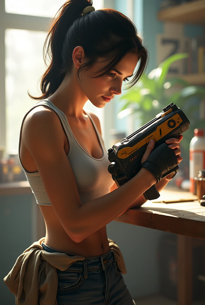 chell, ponytail, tank top, clothes around waist, cleaning a portal gun at a workbench, bright morning sunlight shining through window (zrpgstyle) (masterpiece:1.2) (illustration:1.2) (best quality:1.2) (detailed) (intricate) (8k) (HDR) (cinematic lighting) (sharp focus)