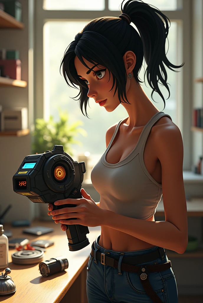chell, ponytail, tank top, clothes around waist, cleaning a portal gun at a workbench, bright morning sunlight shining through window (zrpgstyle) (masterpiece:1.2) (illustration:1.2) (best quality:1.2) (detailed) (intricate) (8k) (HDR) (cinematic lighting) (sharp focus)