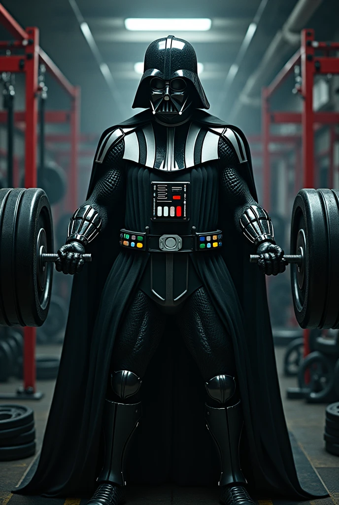 darth vader, intense in a weight training gym