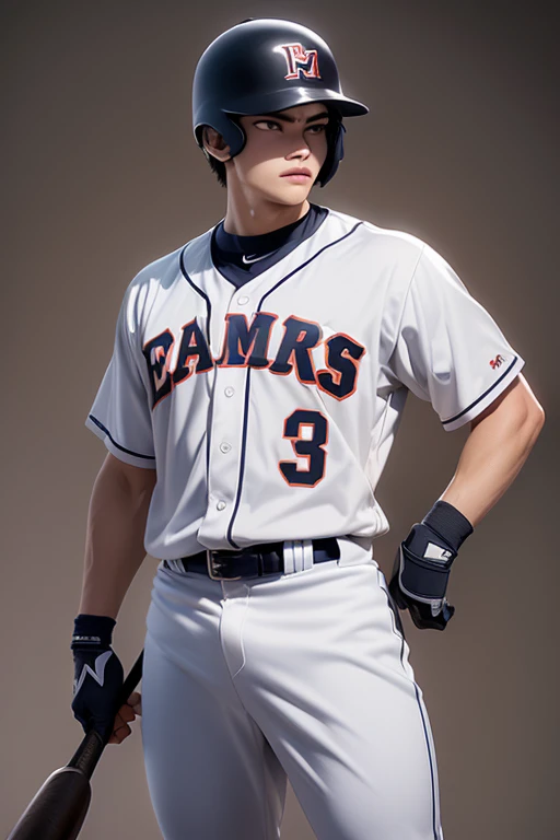 Highest quality,Ultra HD,Manga Style,A high school baseball player is standing wearing a baseball uniform, Height 179cm, Well-balanced, muscular build. ((He has black hair and wears a helmet)),(The eyes are large but sharp.), Sharp jawline, fitted baseball uniform, Capped, (Standing with a bat),((Stadium background 1.5))