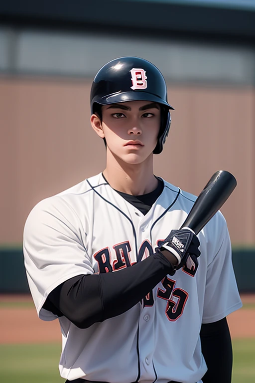 Highest quality,Ultra HD,Manga Style,A high school baseball player is standing wearing a baseball uniform, Height 179cm, Well-balanced, muscular build. ((He has black hair and wears a helmet)),(The eyes are large but sharp.), Sharp jawline, fitted baseball uniform, Capped, (Standing with a bat),((Stadium background 1.5))