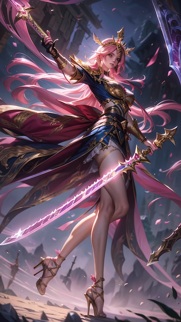 Congregation,Joan of Arc,Long flowing pink hair,head ornaments,Big breasts,Neck gemstone jewelry,Breast Binding,mini lace skirt,Steel armor gloves,Steel armor long high heels,.best quality,masterpiece,Ultra-high resolution（2：0）,special magic sword,The sword is long and sharp,The sword has magic runes attached to it,