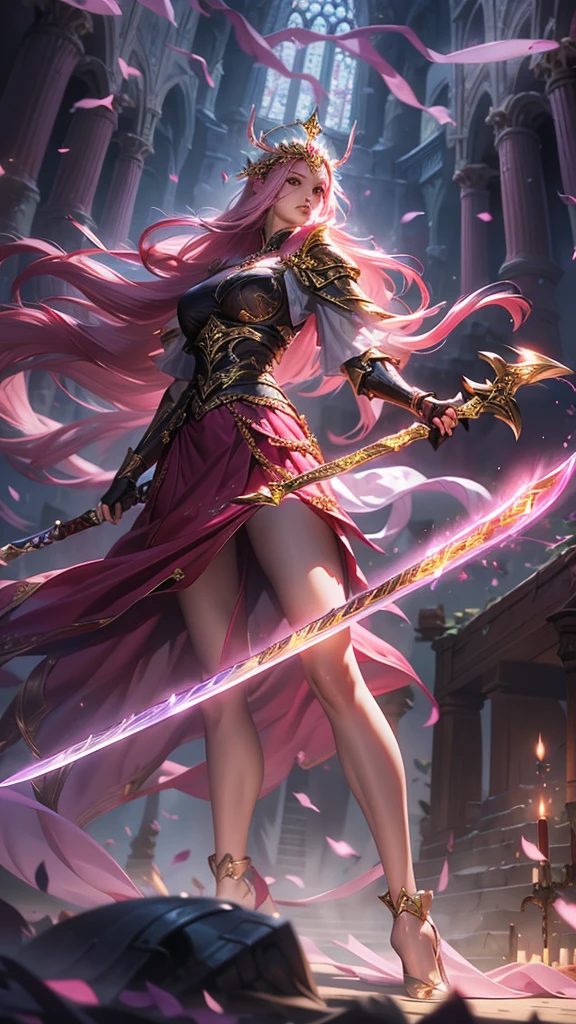 Congregation,Joan of Arc,Long flowing pink hair,head ornaments,Big breasts,Neck gemstone jewelry,Breast Binding,mini lace skirt,Steel armor gloves,Steel armor long high heels,.best quality,masterpiece,Ultra-high resolution（2：0）,special magic sword,The sword is long and sharp,The sword has magic runes attached to it,