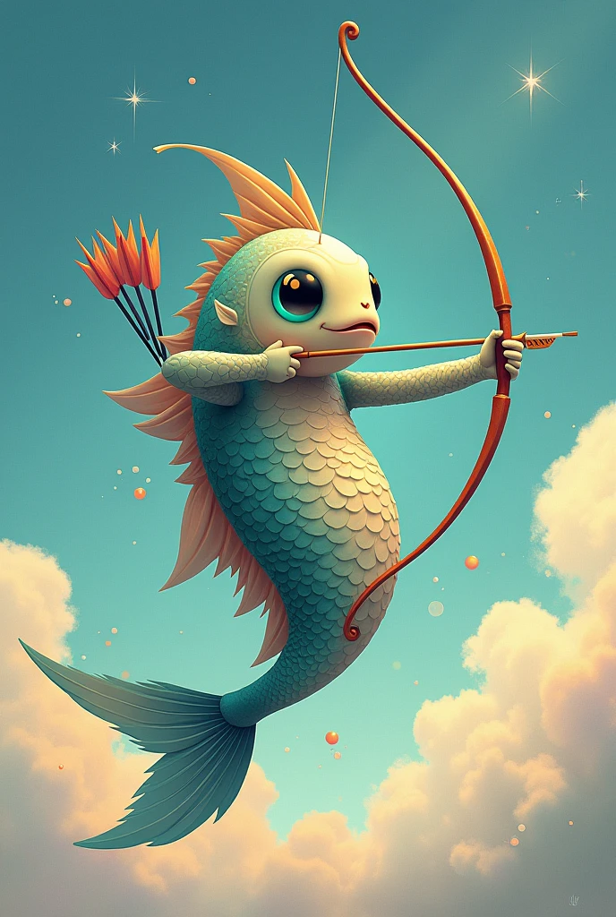 Hi, give me an image of the fish bow referring to a fish with a bow and arrow, as if it were the fusion of Sagittarius with Pisces, but it should be in the Studio Ghibli style, make it prettier