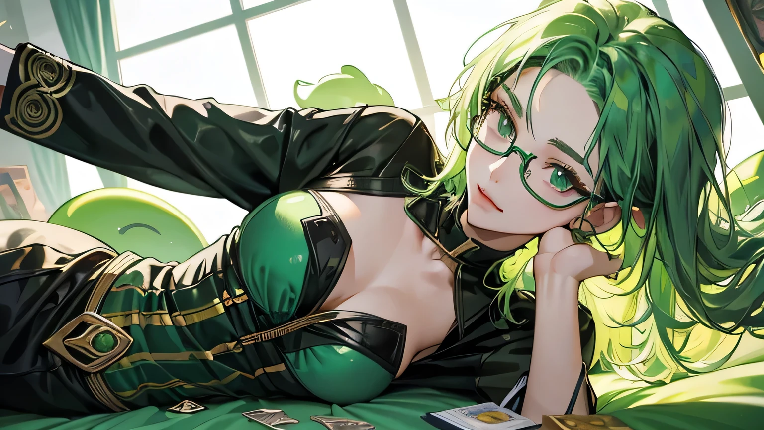 With PC、A beautiful green-haired woman with glasses trading tokens on defi based on her analysis