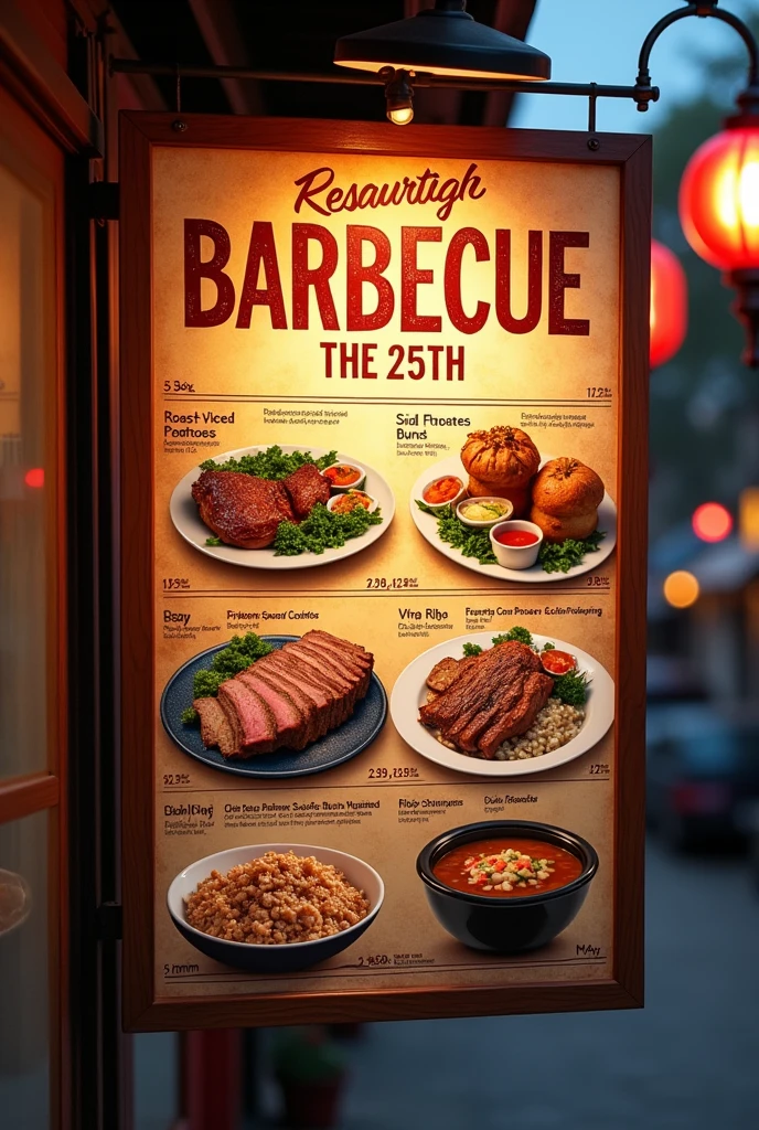 I want a sign with the name "barbecue the 25th" where you show a restaurant with regular food and a la carte where its main dishes are roasts that have potatoes and buns and the other dish is rib soup with its portion of rice