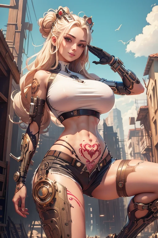 Woman with cybernetic body parts, shorts, (((huge breasts: 1))), beautiful face, masterpiece, stylish hairstyle, ((salute pose, from front)), (flag), ((looking at viewers, facing the viewers)), slim body, (((slim waist))), (((masterpiece))), hd picture, beautiful face, bare navel, outdoor scenery, sky, clouds, blonde, tied hair, long hair, (((ultra detail face))), ((womb tattoo)), standing, (spread legs), smile, (white top, black bottom) 