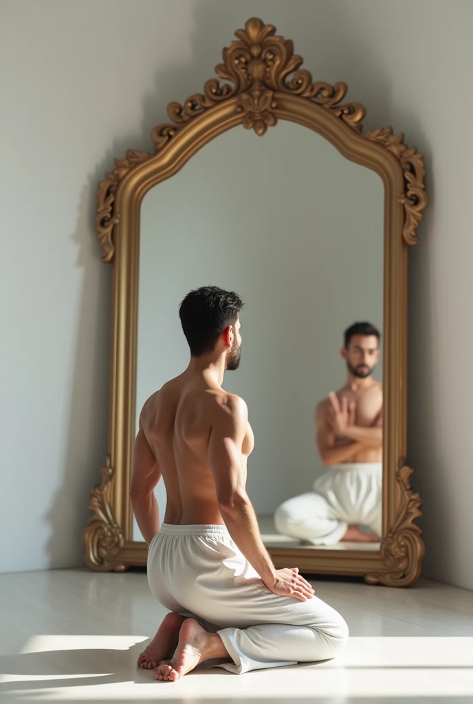 Man doing yoga in front of a mirror with his own hand