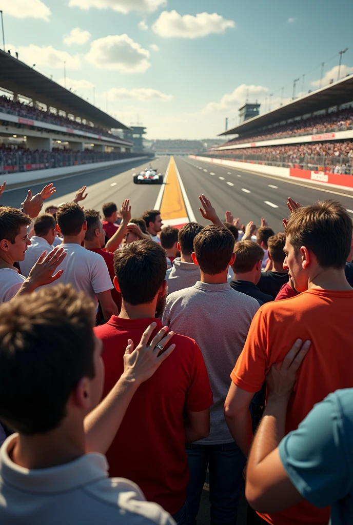  Spectators around the track react with exaggerated gestures of surprise and concern.. to the accident 
