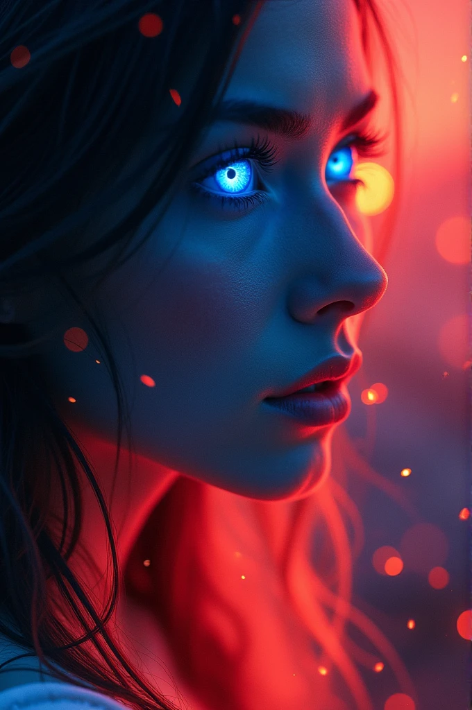 SAPPHIRE BLUE EYES STAND OUT, with red and blue glow on the face, Looking forward in profile, that only his face is seen, In the background a beautiful place in red flames with red flashes, glow of daylight, with shine in the air, LET YOUR EYES BE THE MOST IMPORTANT THING AND THE ONLY THING THE IMAGE FOCUS ON