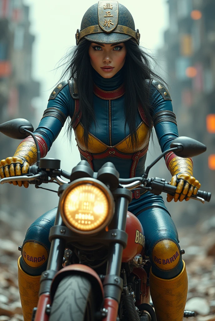 (((In extreme close-up a beautiful woman under the cloak of Big Barda has long hair, black and almost always hidden by his samurai helmet. His eyes are light blue. Her superheroine costume is samurai themed.. His usual costume is a blue leather jumpsuit with scales and a gold armor top over his jumpsuit, thick red belt, burnt yellow boots and gloves on a large high-cylinder motorcycle in an apocalyptic city with a lot of destruction.))),(((Big Barda logos on the motorcycle))),(((Side images)))
