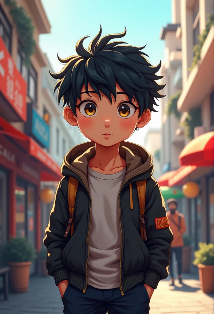 A boy, transformed into an anime style, with exaggerated unique facial features and clothing, standing on a bustling city street, backlit background highlighting the subject, high-contrast colors, 4K high-definition quality，young, smiling, handsome