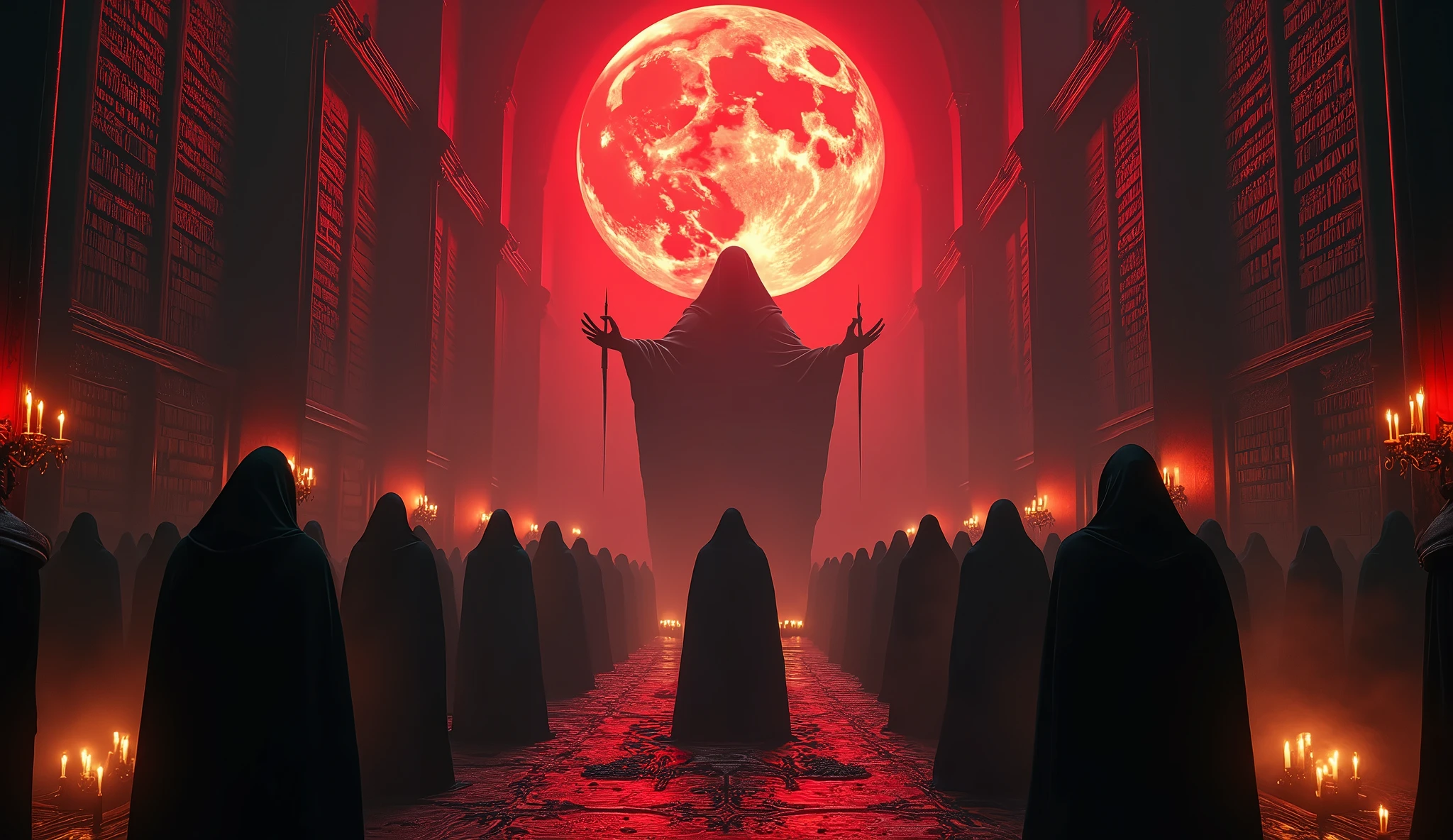8k、 big red moon ,zoom up(number々の賞を受賞したmasterpiece、Incredible detail、Texture、Maximum details),purple flame candle, (summoning magic),(The moonlight at night is beautiful), (Demon King's Castle),(dark organization)arafed image of a group of people in a church with candles,lit candle, dark cinematic concept art, elegant cinematic fantasy art, photorealistic dark concept art, by Beeple, dark robes, wojtek fus, gothic epic library concept, gothic epic library, epic cinematic concept art, dark concept art, Beeple and mike winkelmann, symmetrical epic fantasy art, High resolution, masterpiece, Highest quality, Intricate details, Very detailed, Clear focus, practical skin texture, texture, Shot with Canon, 85mm, Shallow and deep, Kodak Vision Color, Exactly, Very detailed, photograph_\(Extremist\), photographpractical, practical, Post-processing, Maximum details, Roughness, Real Life, Extremist practical, Photorealism, photographgraphy, 8K Ultra HD, photographgraphy