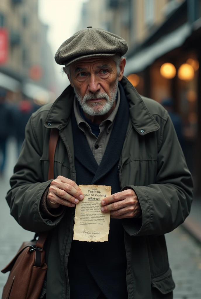 The elderly man stops and looks puzzled as he notices the paper in his bag. The paper reads, "Something is falling from your bag!"