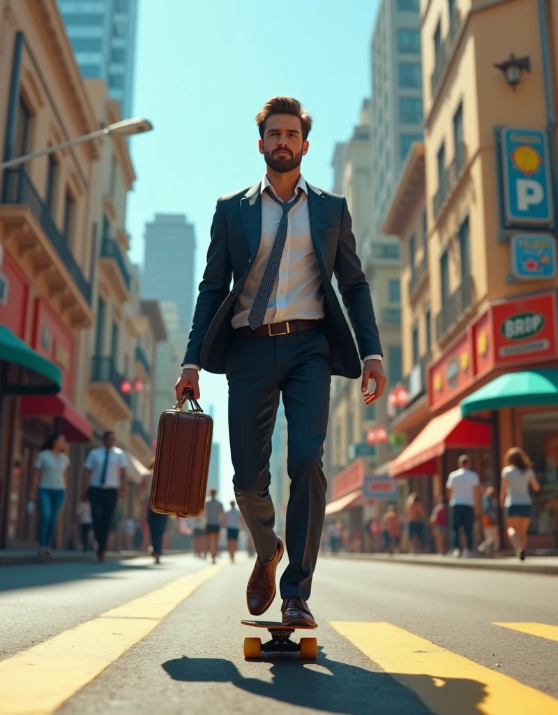 a businessman use skateboards to go to work and the background is in the town. the mood and tone is lively.