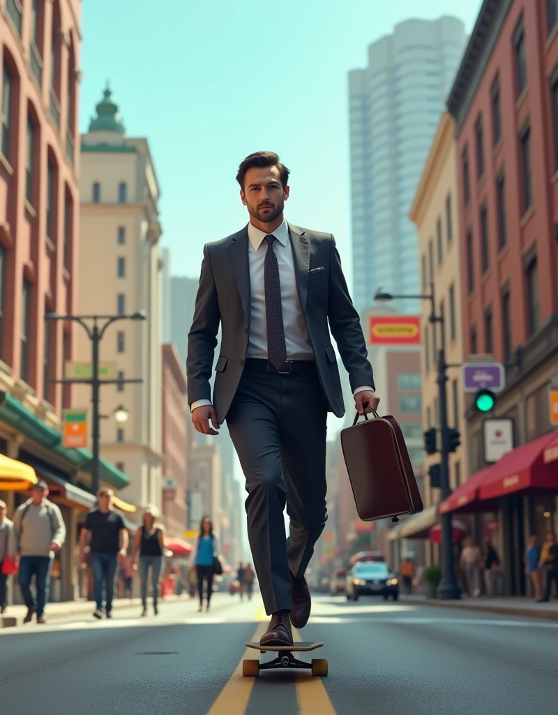 a businessman use skateboards to go to work and the background is in the town. the mood and tone is lively.