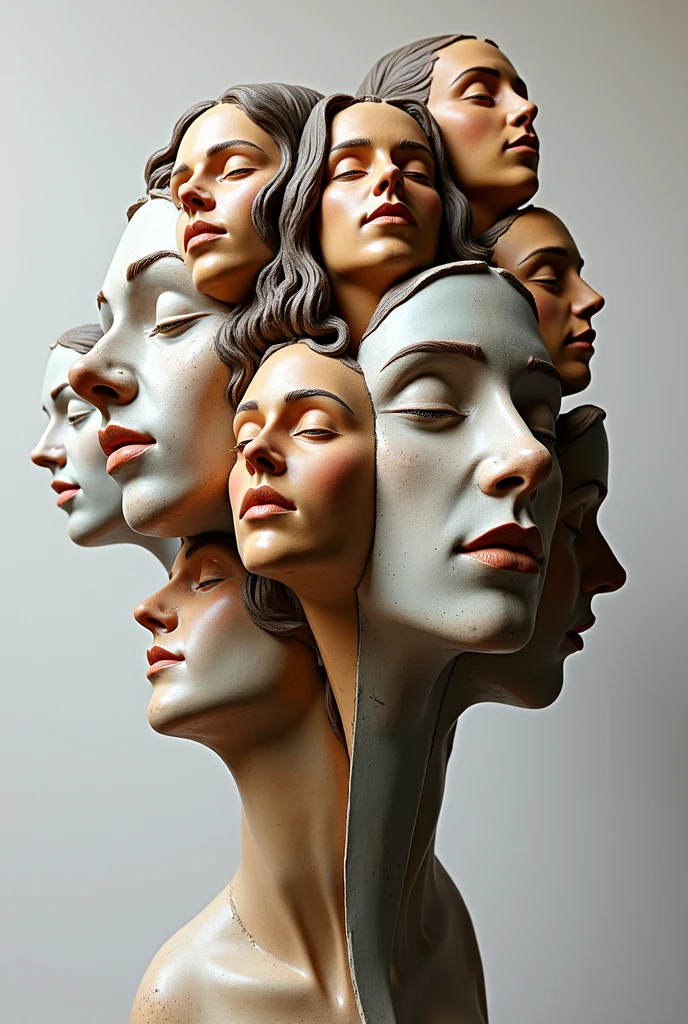 Expressionist artwork images of multiple floating ceramic heads of italian women, 3d collage style, make it weird and gallery worthy