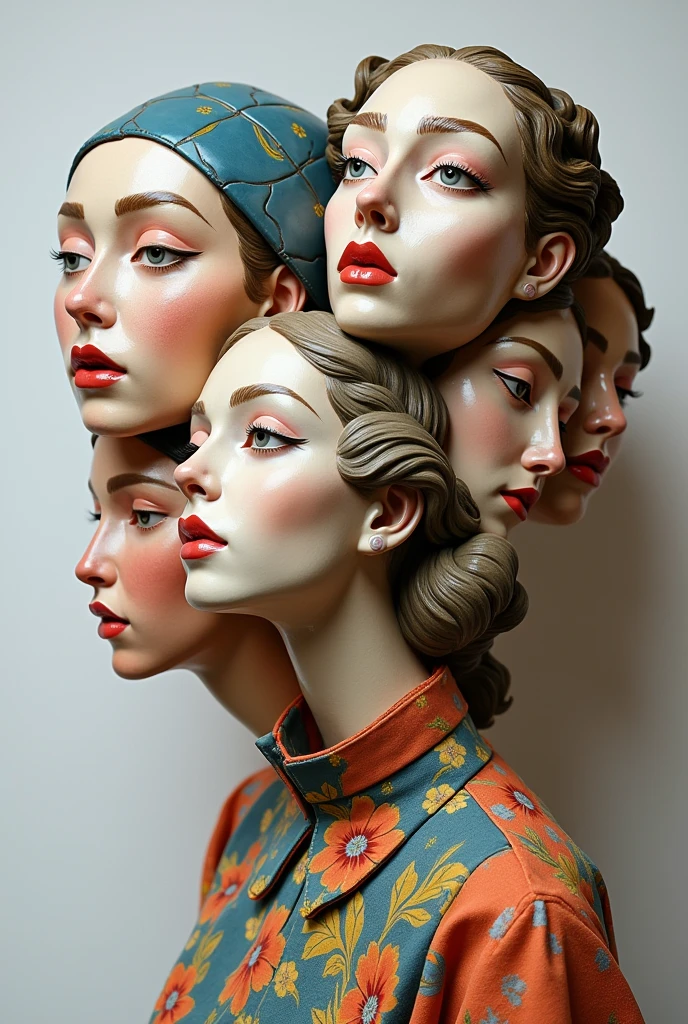 Expressionist artwork images of multiple floating ceramic heads of italian women, 3d collage style, make it weird and gallery worthy