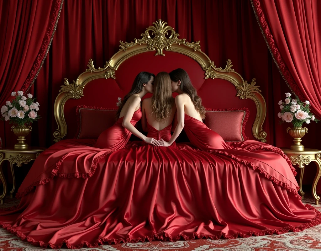 highest quality, masterpiece, highest resolution, artwork, super それにget used to it, many get used to it, get used to it, それにget used to it,love,romantic,four woman,two woman kissing each of their partners,((red satin elegant dresses)),red satin evening dresses, ((Gorgeous goddess rococo robe satin dress with voluminous full-length hoop skirt)),long sleeve,long dress,A dress with full silk fabric...,luxury,((Palace full red satin bedroom)),((huge satin bed)),Frilled silk red bedspread,many pillows on the bed,satin pillow with frills,four woman is kissing on the huge bed,luxurious ruffled red curtains