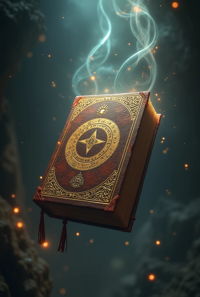 a beautifully detailed book floating in the air, surrounded by glowing magical energy, religious symbols, ancient runes, mystical light effects, cinematic dramatic lighting, highly detailed, intricate fantasy art, muted color palette, atmospheric, photorealistic