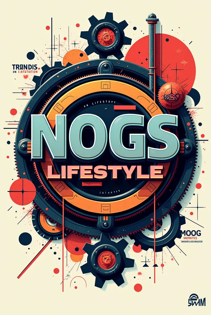 a close up of a sign that says Nogs Lifestyle, arte conceitual por Nick Fudge, trends on ArtStation, neogeo, nagas, next generation, logos, Logotipo redondo, no fog, moog, logo, logo, logo art, Noah Bradley. sharp focus, negao, gears, Low resolution, no ears, illustrated logo
