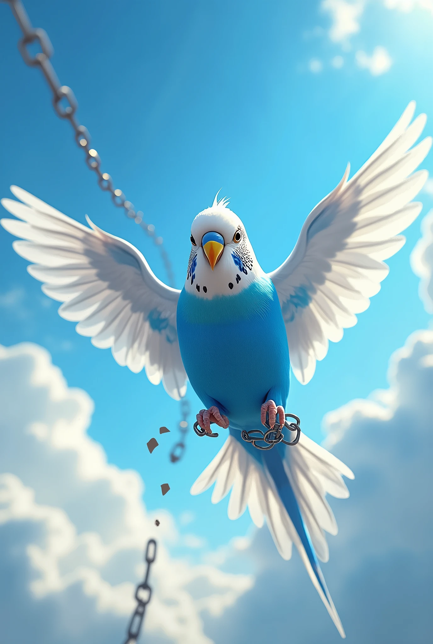 A blue and white budgie flying to freedom after breaking free from its chains