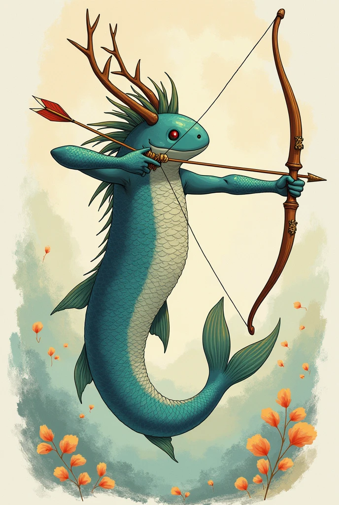 Hi, give me an image of the fish bow referring to a fish with a bow and arrow, as if it were the fusion of Sagittarius with Pisces, but it should be in the Studio Ghibli style