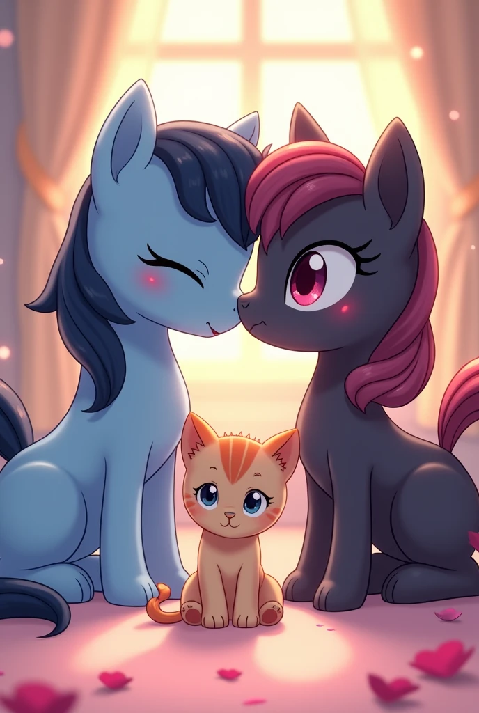 Blue male pony and black female pony with rose kissing in love, kawaii anime, more in love with their cutest kitten son