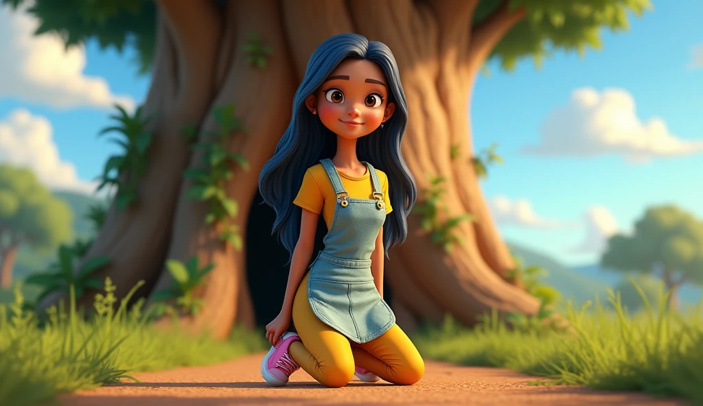 SIDE VIEW ((masterpiece, best quality)), award winning, 4k, 8k, 3d pixar animation character, visible face, (one 2 woman NAMED BRISA), portrait, beautiful, cute, yellow shirt, yellow pants, light long blue apron, pink sneakers, long plaid blue hair, light tan skin, brown eyes, ((Perfect Hands)), UHD, 8K, ON HER KNEESS, BACKGROUND IS: ((masterpiece, best quality)),3d illustration of countryside el salvador, a big, tall and wide amate tree behind with a big hole in its trunk