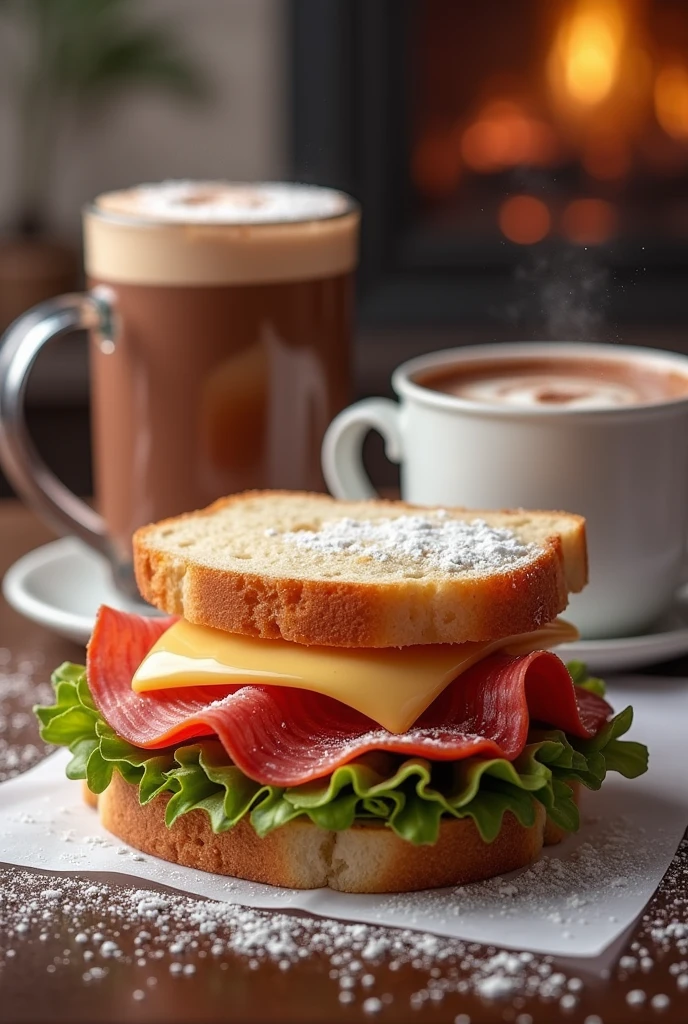 Create an image for an advertising poster, The place sells sandwiches and hot chocolate. . The sandwich has 1 mortadella and 1 slice of cheese, The sandwich is only 1 tier. This food is ideal for the cold.. Let the price of 1 dollar stand out, no text