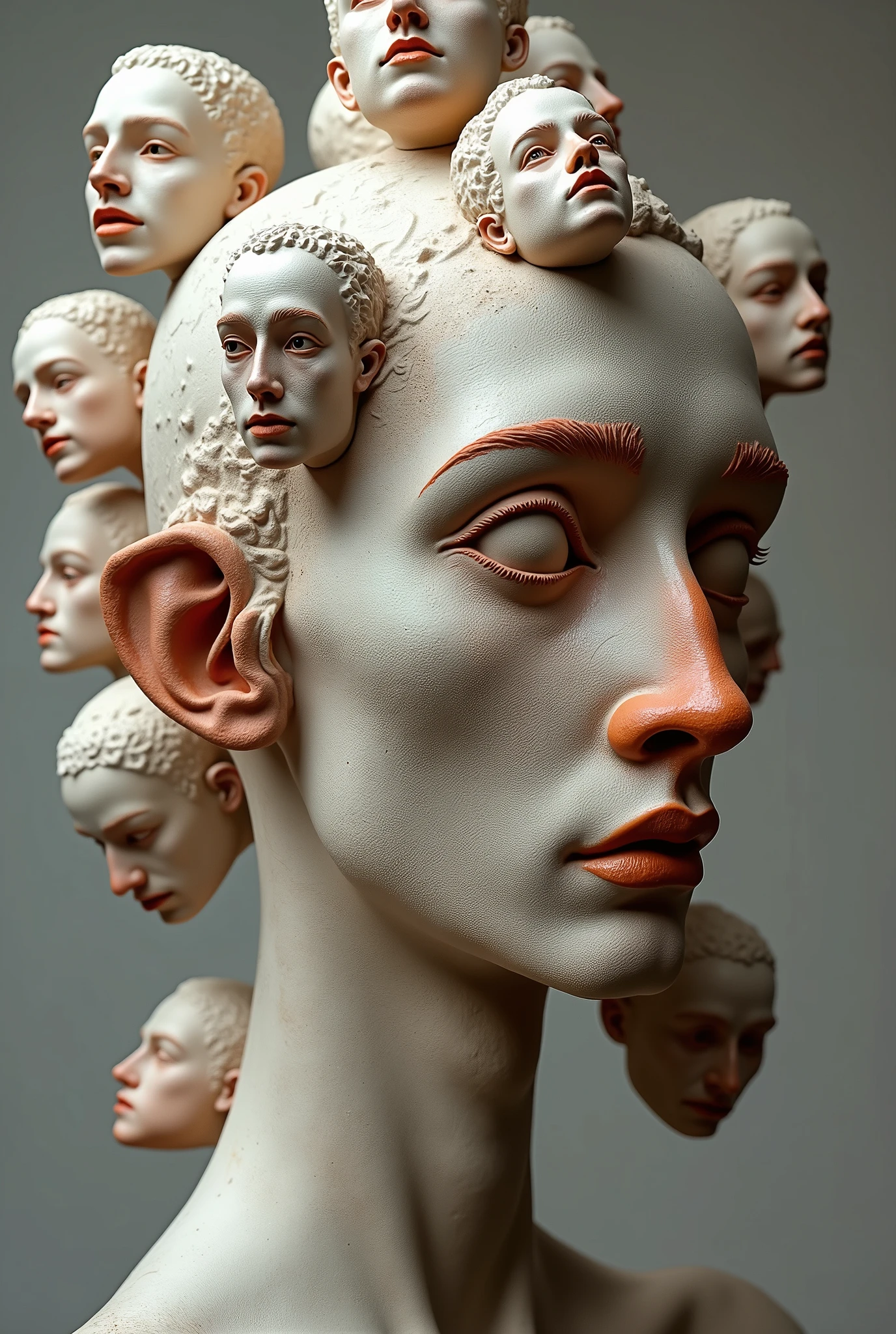 Expressionist artwork images of multiple floating ceramic heads of french men, 3d collage style, make it weird and gallery worthy