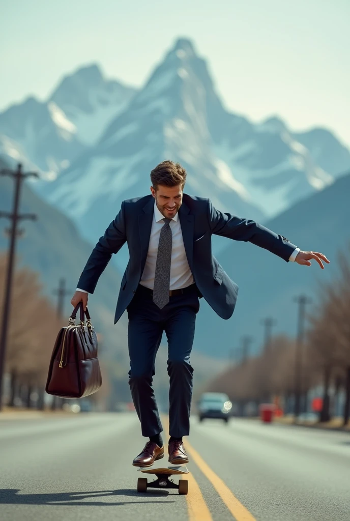 Business man holding a work bag is riding a skateboard along the street. The background is many mountains.
