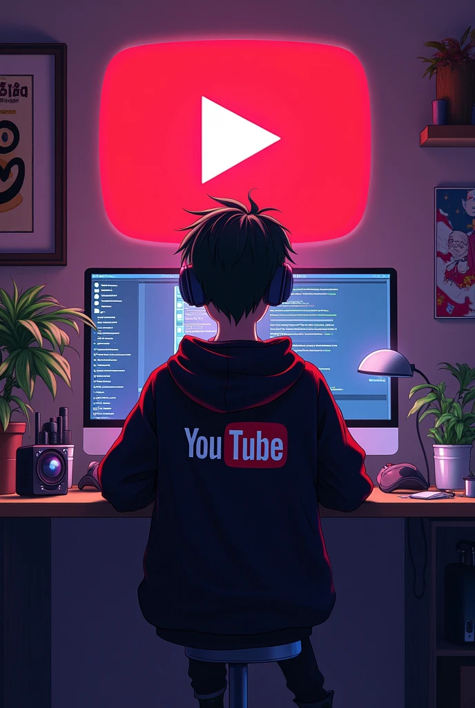 Create a image of
"A 18 years anime boy,
sitting in front of a computer desk with a microphone and laptop, wearing black and red hoodie
with the Channel Name on it "SICKTUBE".
The background includes a large YouTube logo on the wall, potted plants on either side, and various recording equipment.