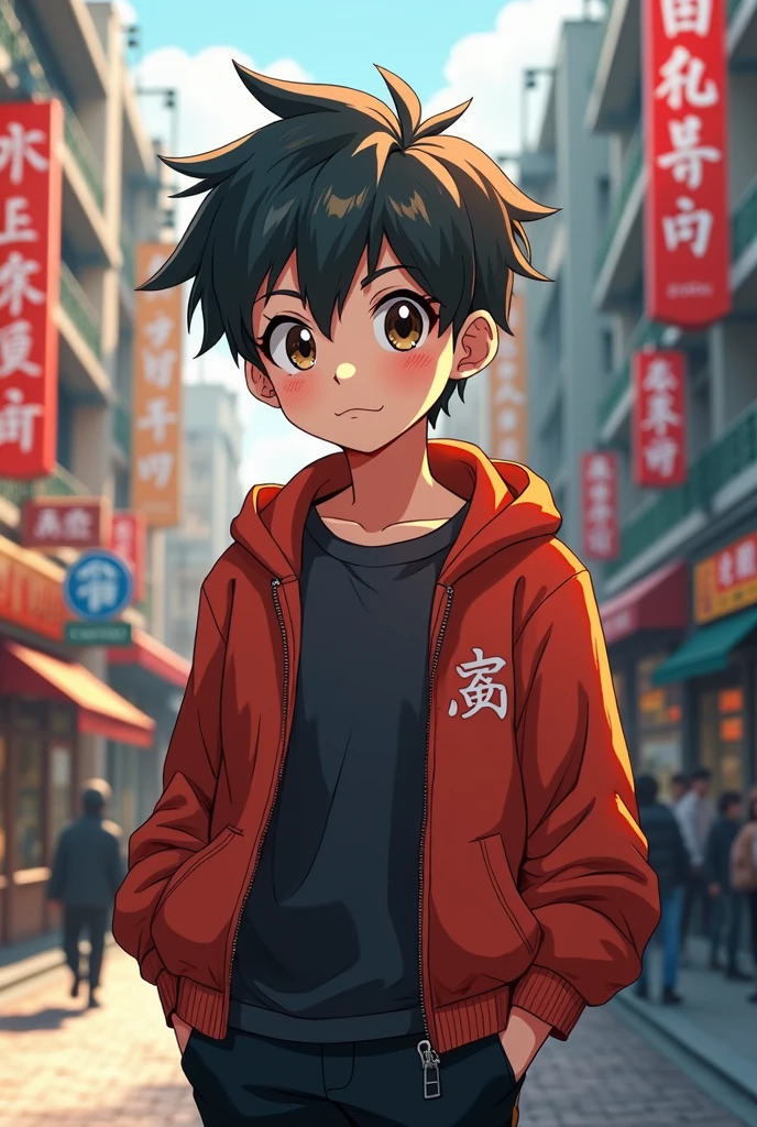 A boy, transformed into an anime style, with exaggerated unique facial features and clothing, standing on a bustling city street, backlit background highlighting the subject, high-contrast colors, 4K high-definition quality,young, smiling, handsome