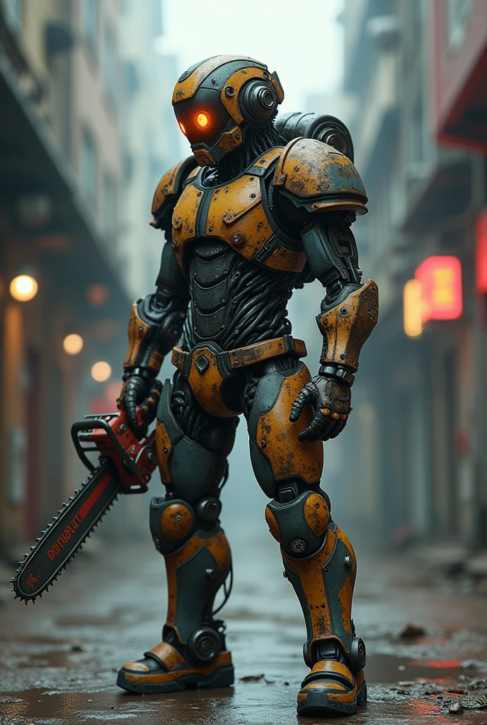 Dark_Fantasy,Cyberpunk,(chain saw,chain saw man,Red:1.1),1man,Mechanical marvel,Robotic presence,Cybernetic guardian, wearing a worn-out mech suit, intricate, (steel metal [rusty]), elegant, clear focus, shot by greg rutkowski, soft lighting, vibrant colors, masterpiece, ((street)), cowboy shot, dynamic pose,
